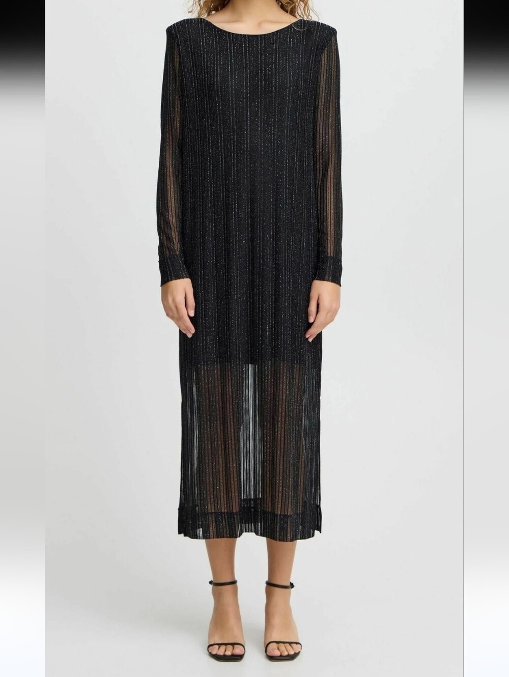 Ichi Women’s Black Metallic Long Sleeve Sheer Sparkle Party Cocktail Midi Dress